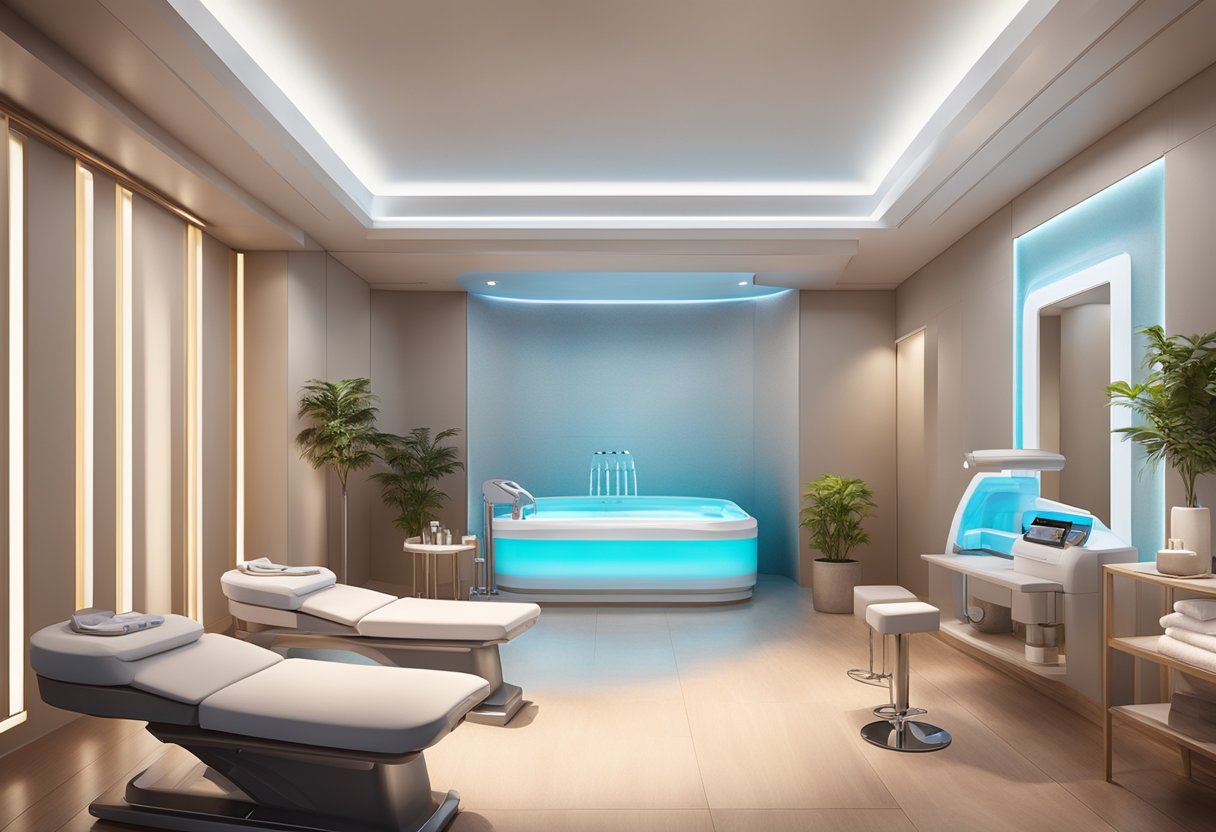 A serene spa room with a HydraFacial machine and LED therapy equipment, soft lighting, and a calming atmosphere