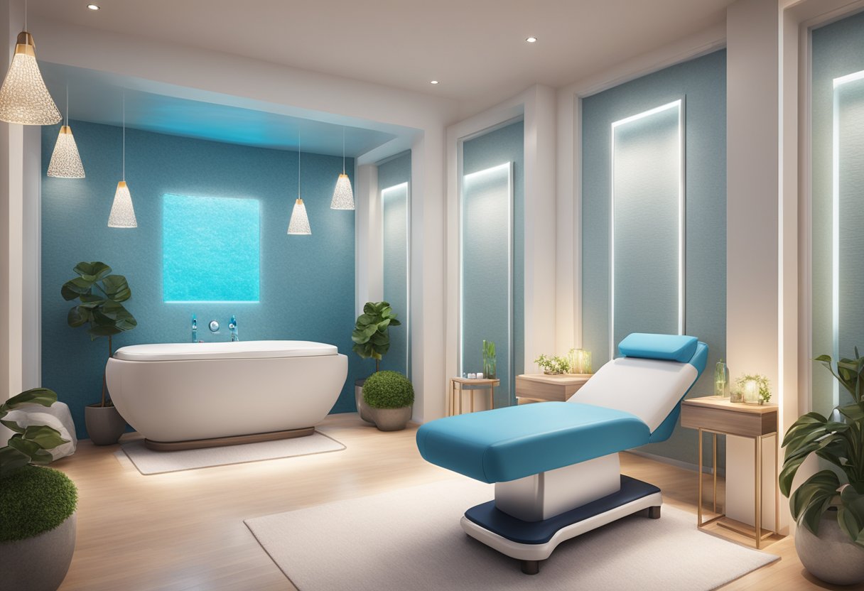 A serene spa room with a HydraFacial machine and LED therapy device, soft lighting, and calming decor