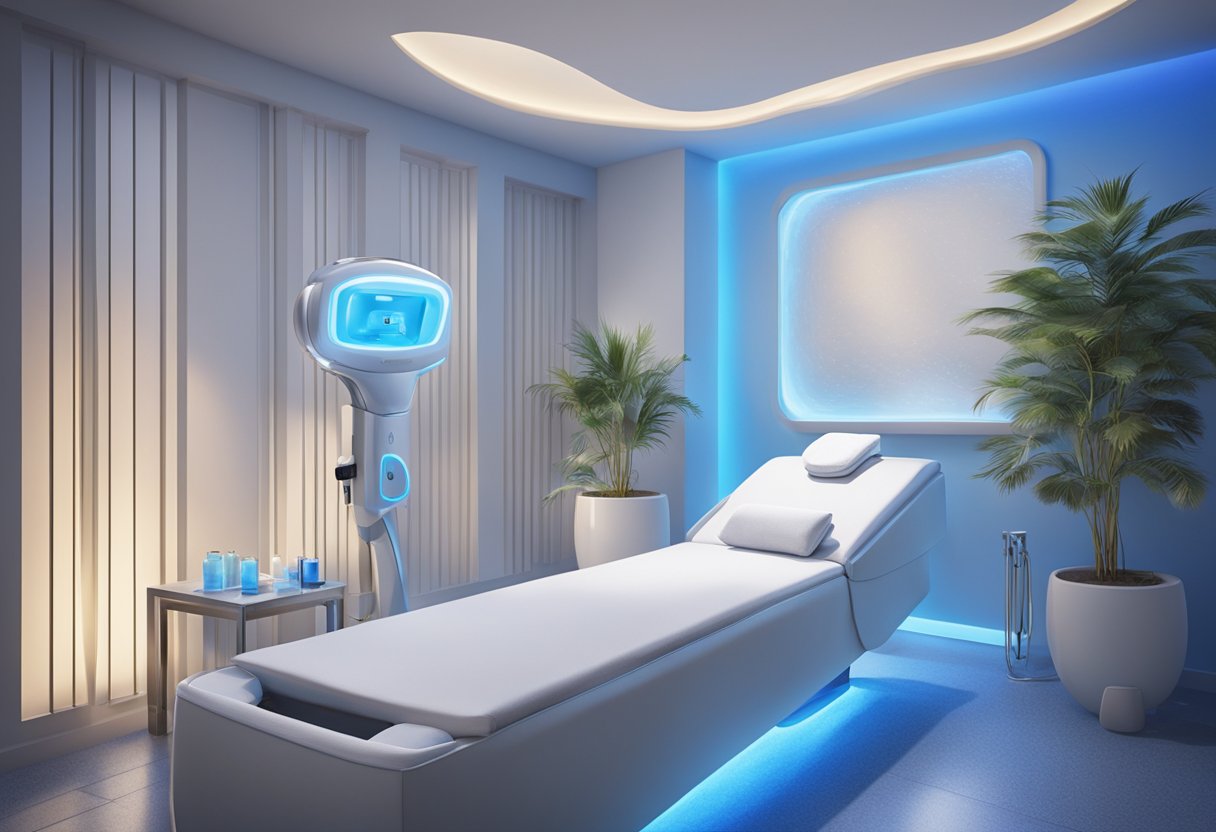 A serene spa room with a HydraFacial machine emitting a soft blue LED light, creating a calming and rejuvenating atmosphere