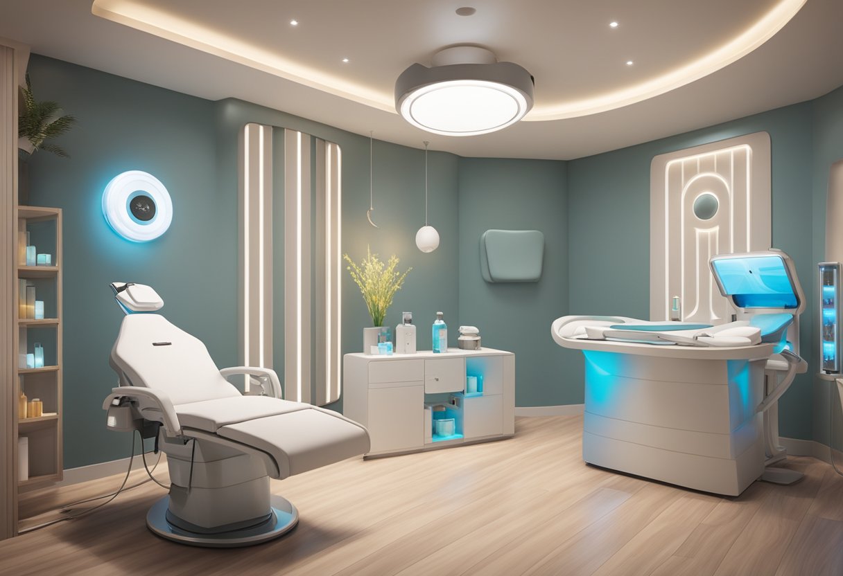 A serene spa room with soft lighting and a comfortable treatment chair. A HydraFacial machine and LED therapy device are set up, ready for use