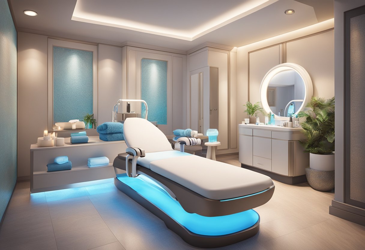 A serene spa room with a HydraFacial machine and LED therapy equipment, surrounded by calming decor and soft lighting