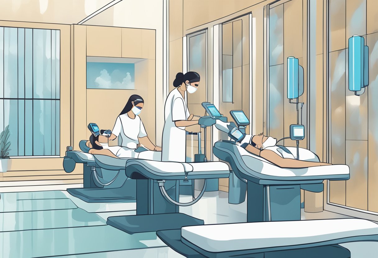 A person receiving a HydraFacial and microneedling treatment simultaneously in a modern spa setting with specialized equipment and a serene ambiance