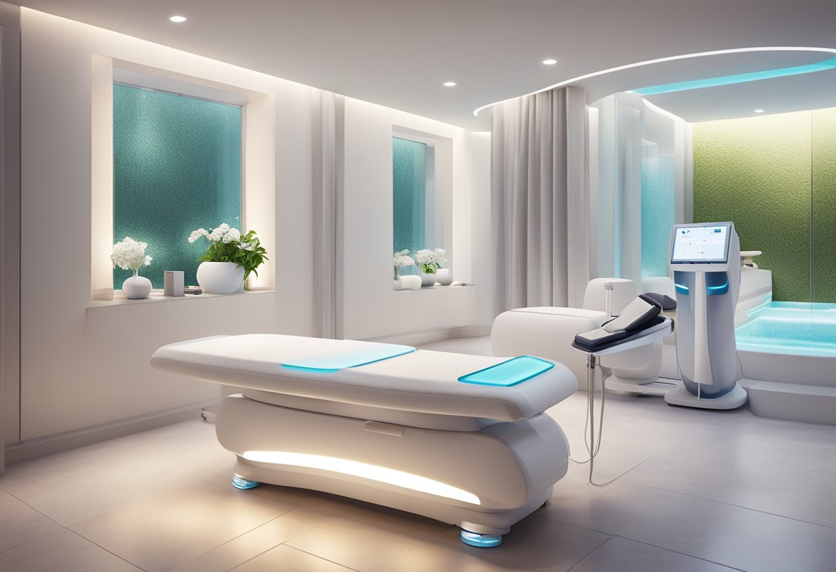 A serene spa room with a HydraFacial machine and a microneedling device on a clean, white table. Soft lighting and calming decor create a relaxing atmosphere