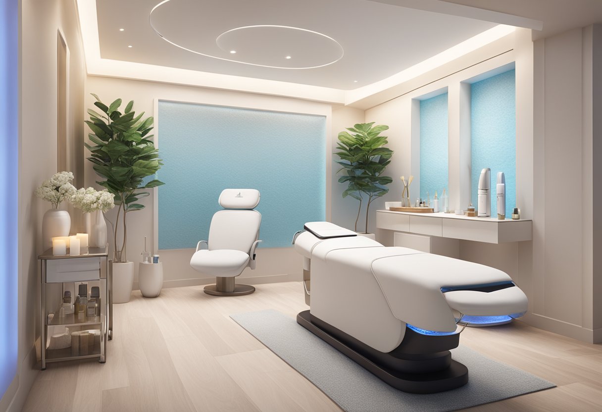 A serene spa room with a HydraFacial machine and a microneedling device set up on a clean, white table. Soft lighting and calming decor create a soothing atmosphere