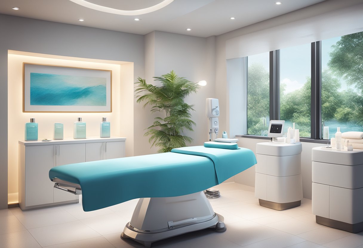 A serene spa room with a HydraFacial machine and microneedling tools set up on a clean, white table. Soft lighting and a calming atmosphere create a sense of relaxation