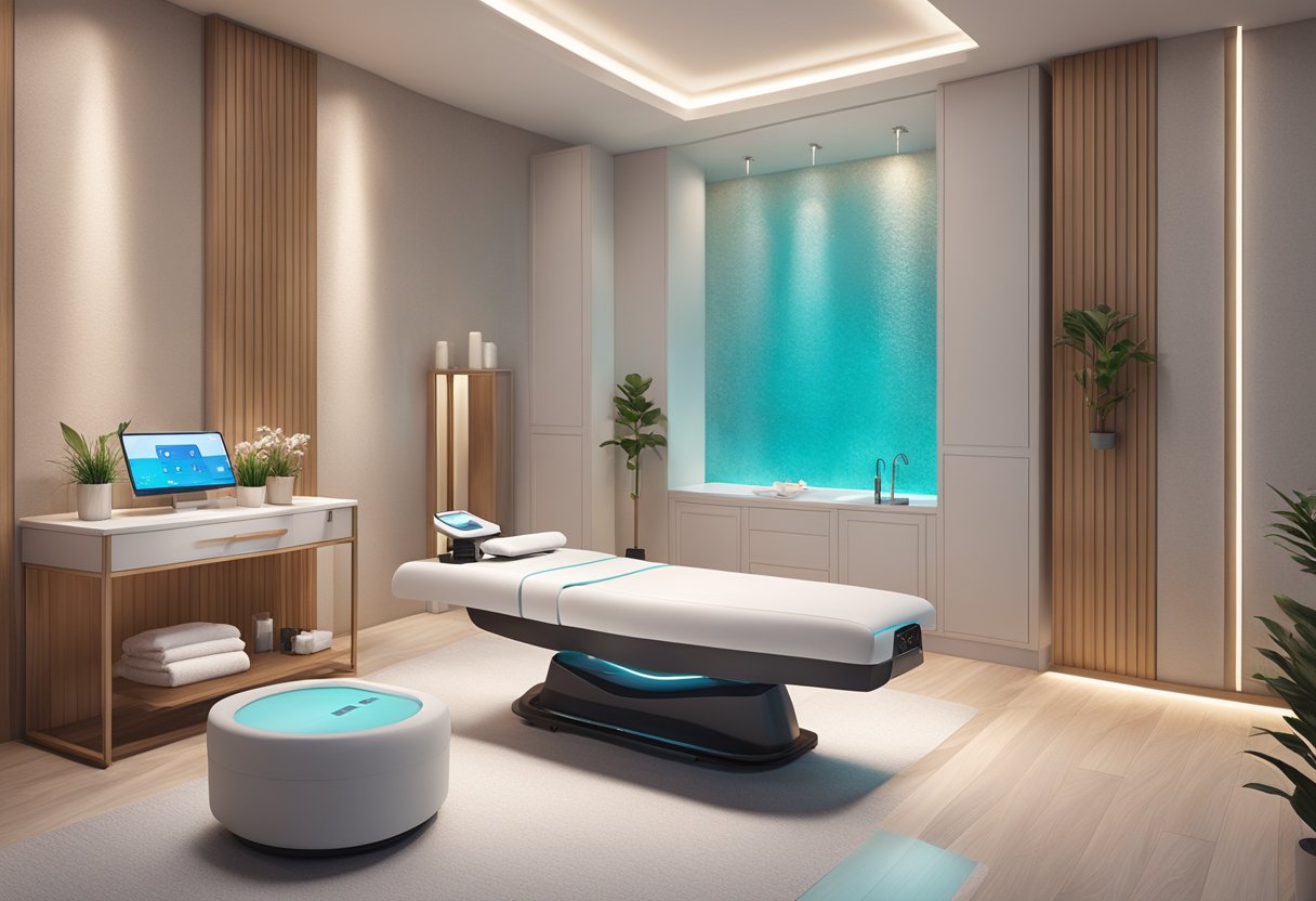 A serene spa room with a HydraFacial machine next to a microneedling device, surrounded by calming decor and soft lighting