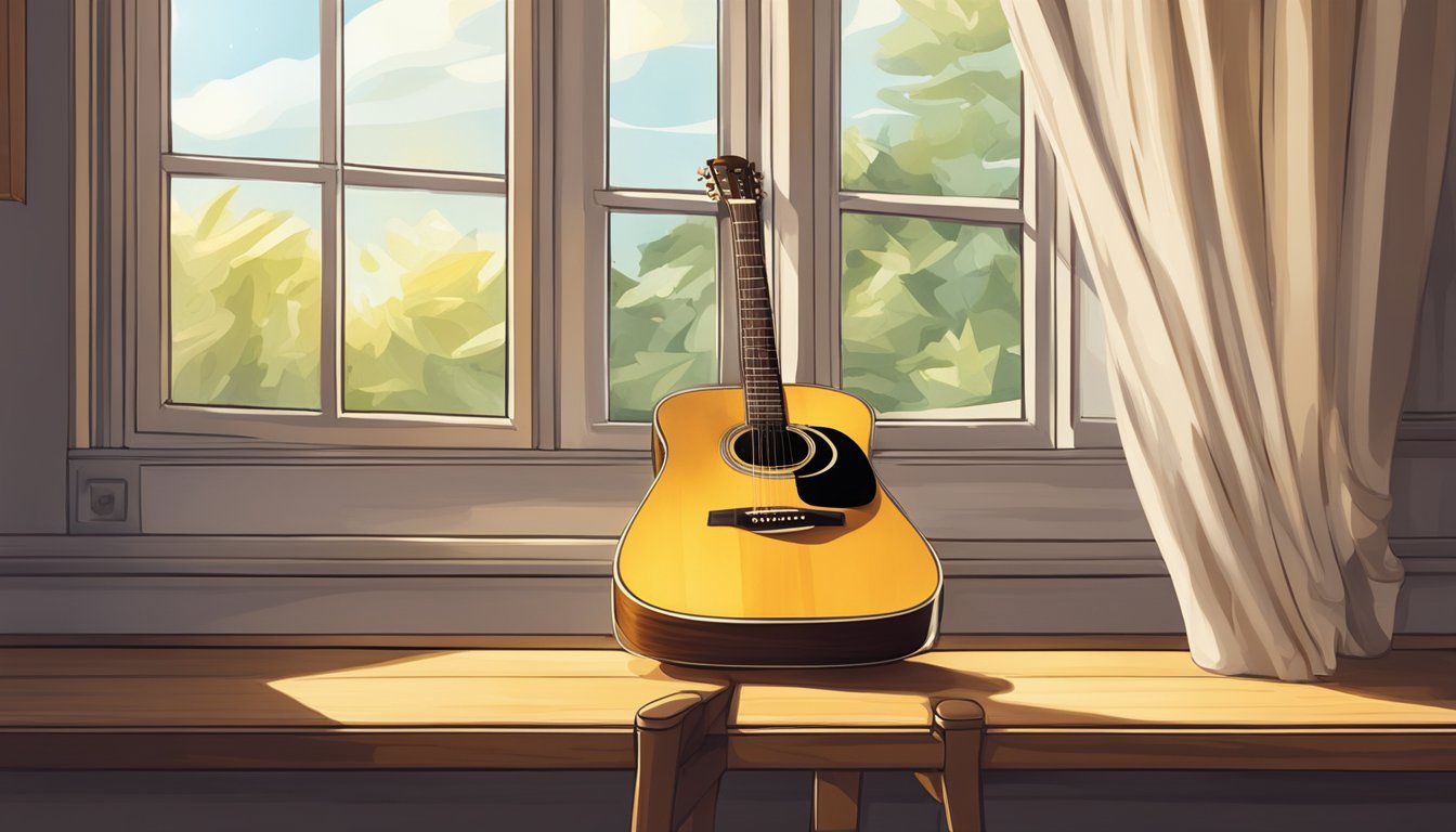 An acoustic guitar being strummed with fingers on a wooden stool by a window with sunlight streaming in