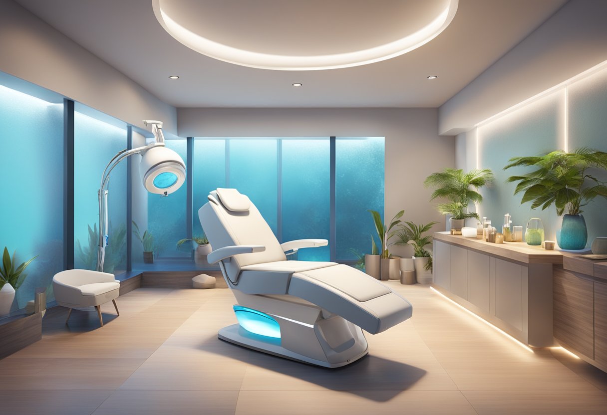 A serene spa room with a reclined treatment chair, a HydraFacial machine, and soothing lighting