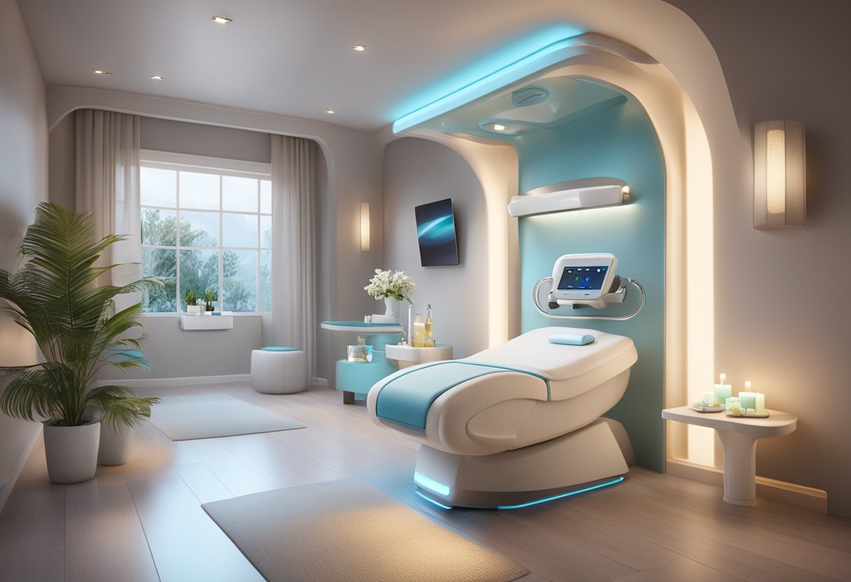 A serene spa room with a comfortable treatment bed, soft lighting, and a HydraFacial machine. A serene spa room with a comfortable treatment bed, soft lighting, and a HydraFacial machine