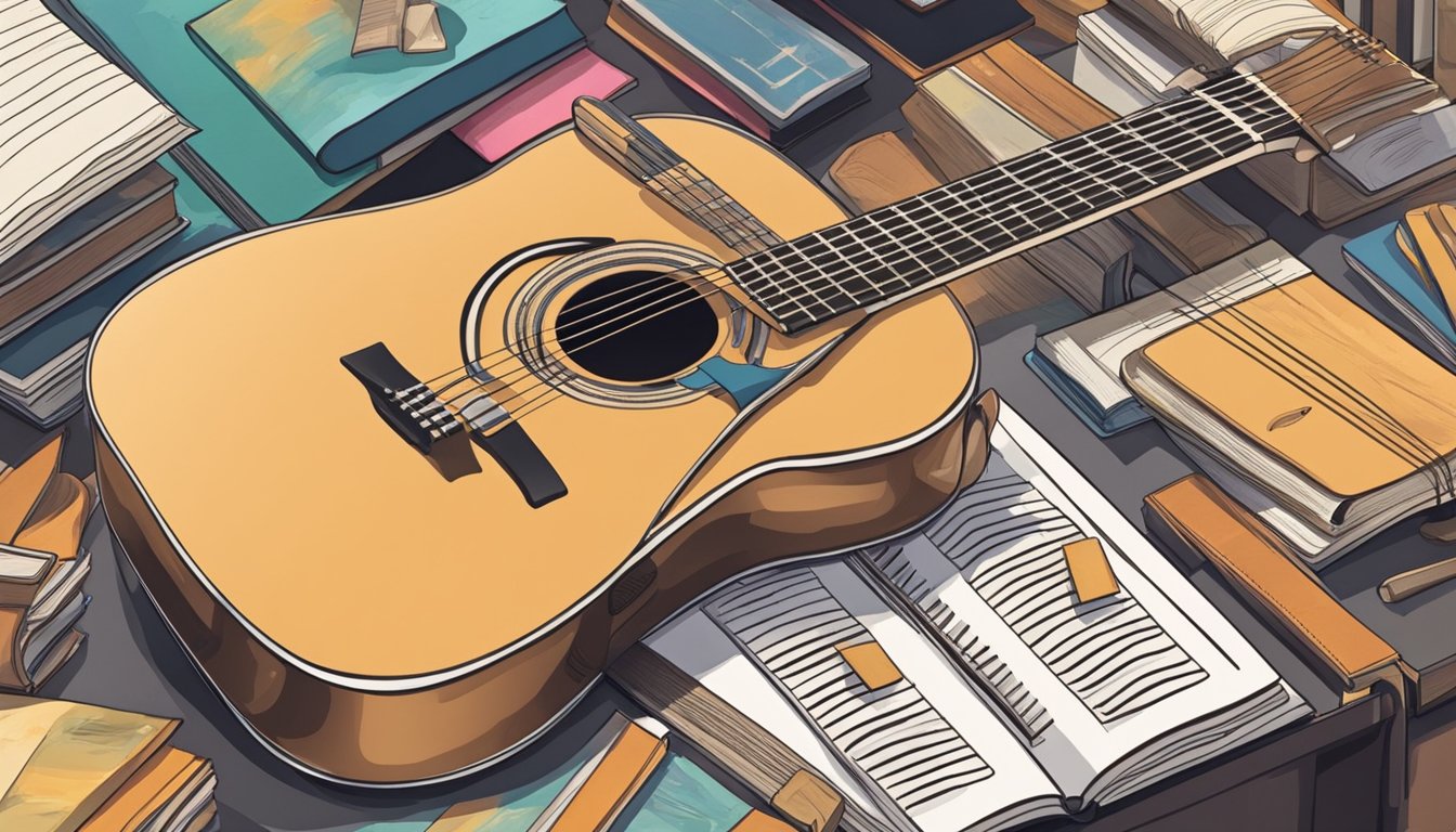 An acoustic guitar resting on a stand, surrounded by music books and a tuning tool.</p><p>A person's hand reaching for the guitar