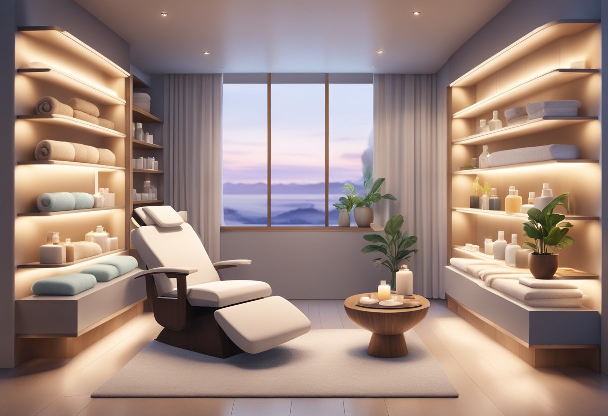 A serene spa room with a comfortable treatment chair, soft lighting, and shelves of skincare products. A serene atmosphere with a sense of relaxation and rejuvenation