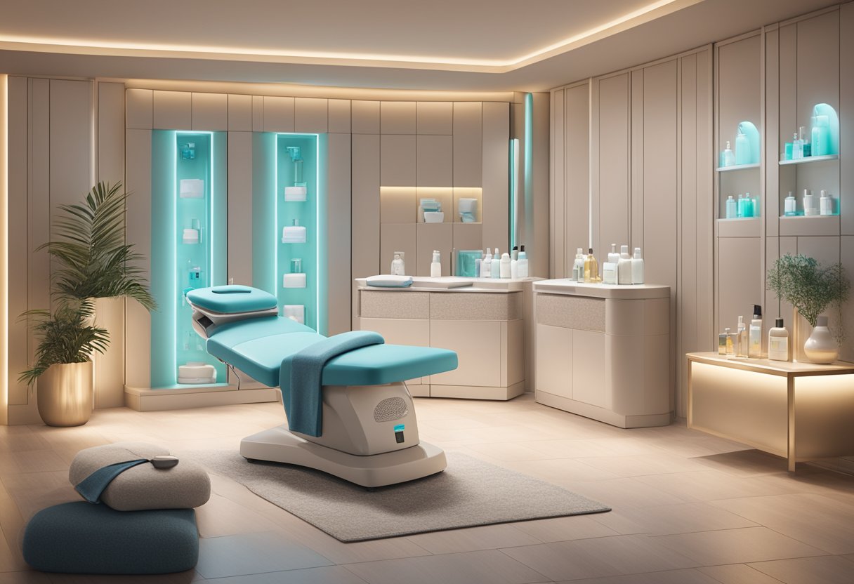 A serene spa room with a comfortable treatment chair, soft lighting, and a HydraFacial machine surrounded by bottles of peptide-infused skincare products