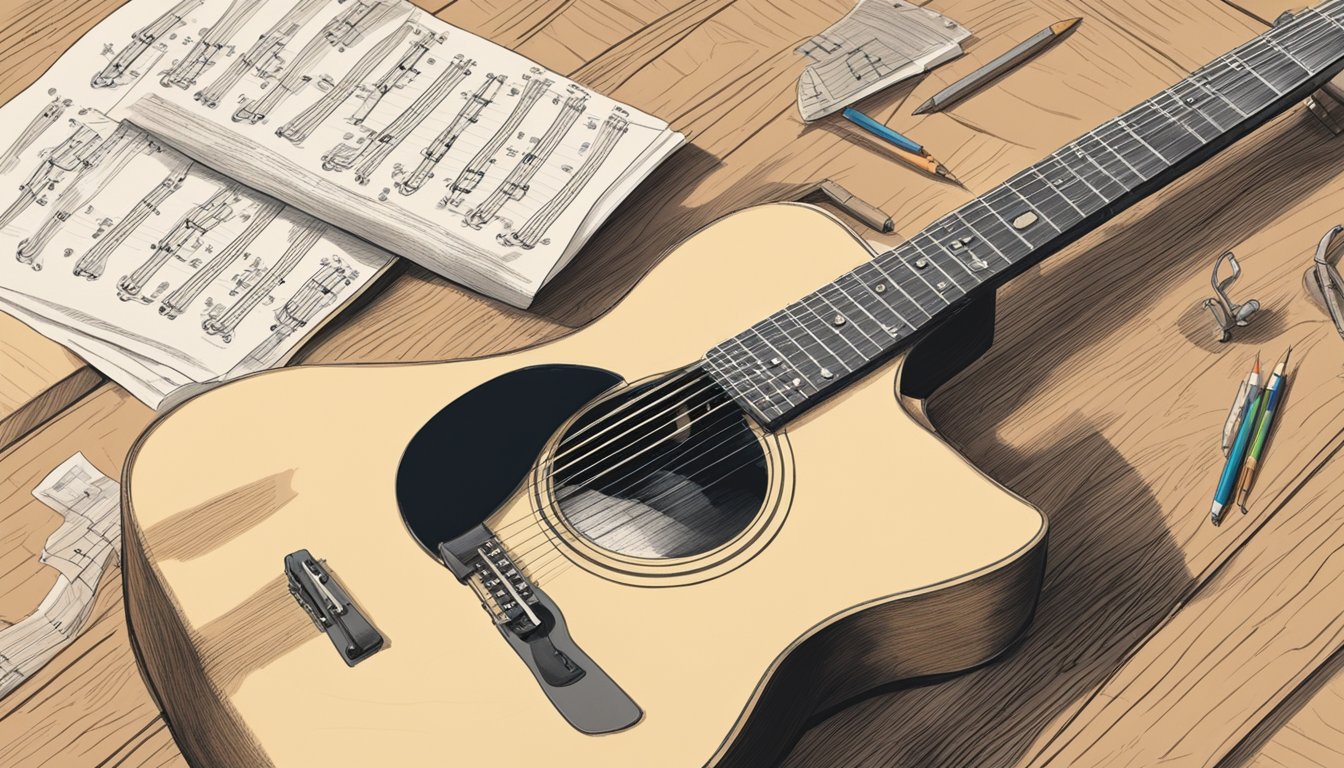 A guitar lying on a wooden table, with a sheet of music and a pencil nearby.</p><p>A hand is reaching for the guitar, ready to start learning scales