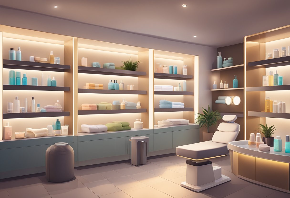 A serene spa room with a comfortable treatment chair, soft lighting, and shelves stocked with various skincare products and equipment