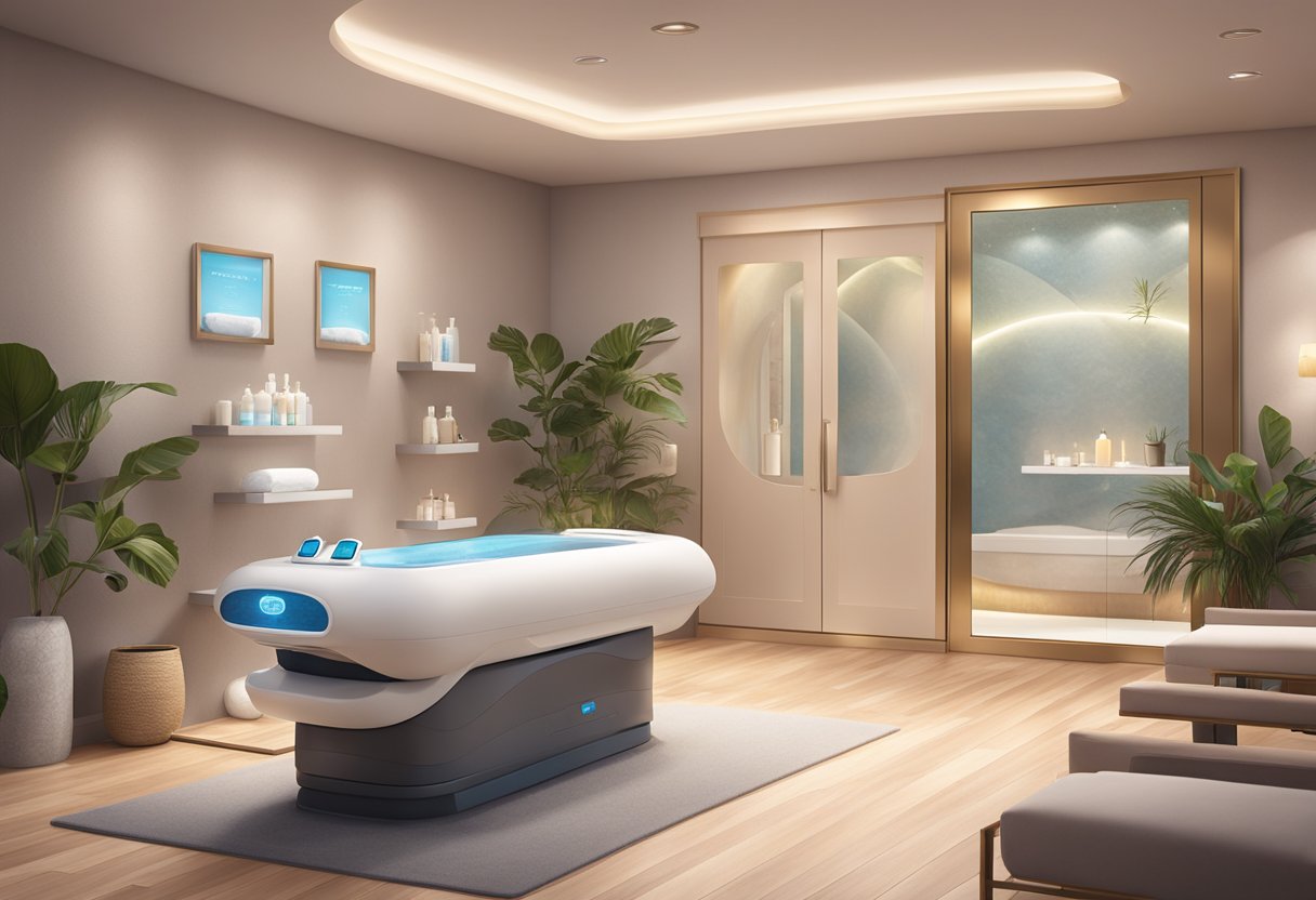 A serene spa room with a HydraFacial machine, various skincare products, and soft ambient lighting