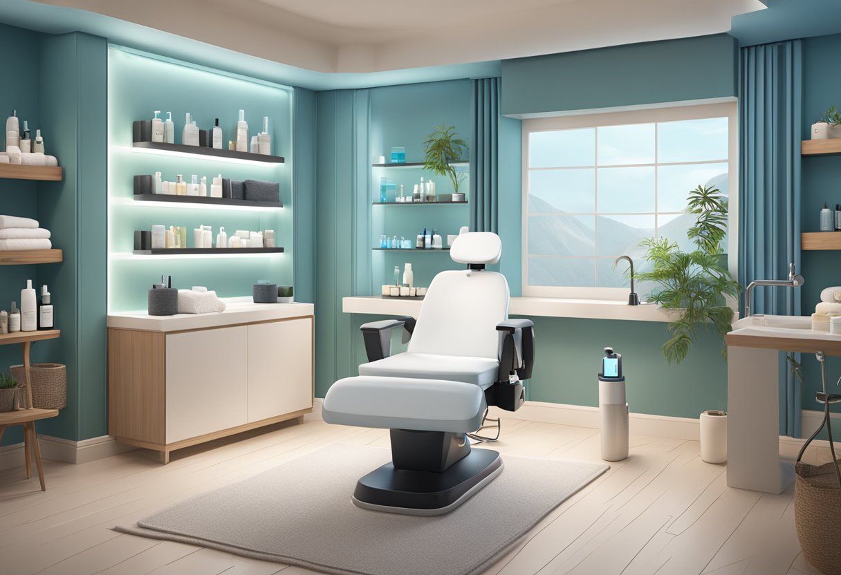 A serene spa room with a comfortable treatment chair, soft lighting, and shelves of skincare products. A HydraFacial machine sits ready for customization