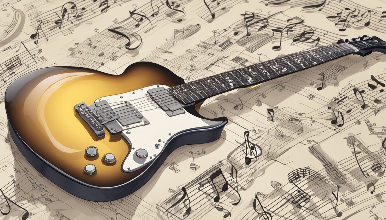 A guitar with a fretboard displaying various scales, surrounded by musical notes and a book titled "Frequently Asked Questions: How to Learn Scales on Guitar."