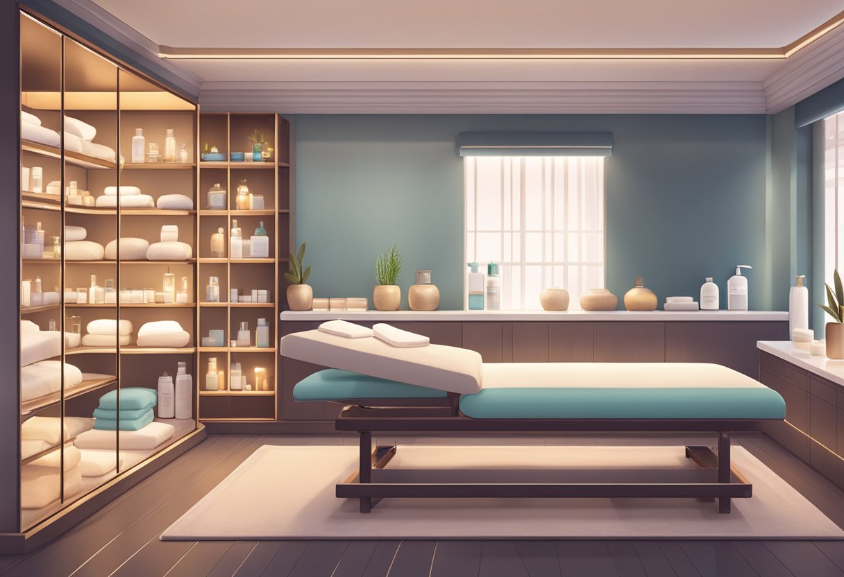 A serene spa room with a comfortable treatment bed, soft lighting, and shelves stocked with skincare products