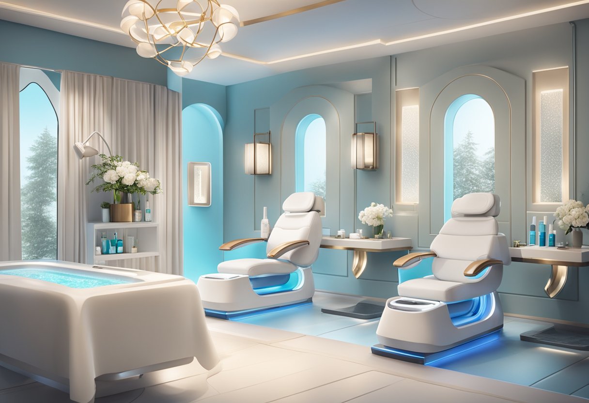 A serene spa room with a HydraFacial machine surrounded by luxurious skincare products and anti-aging serums, creating a calming and rejuvenating atmosphere