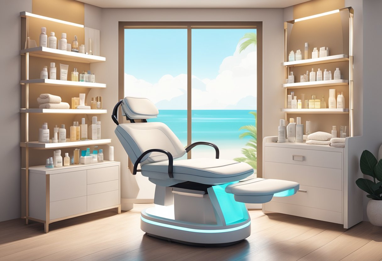 A serene spa room with a comfortable treatment chair, soft lighting, and shelves displaying various skincare products. Aesthetic equipment for HydraFacial and anti-aging add-ons are neatly arranged on a cart