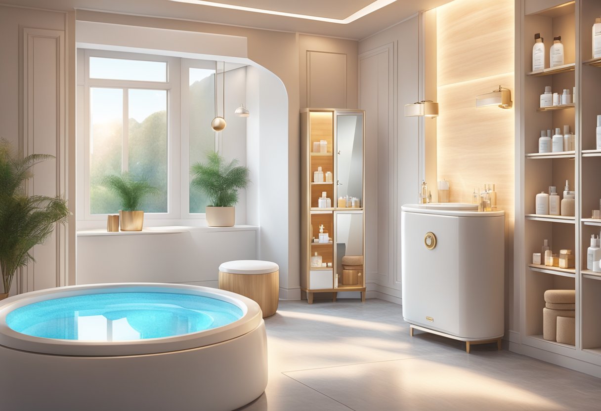 A serene spa room with a luxurious HydraFacial machine and shelves of anti-aging products, bathed in soft, warm light