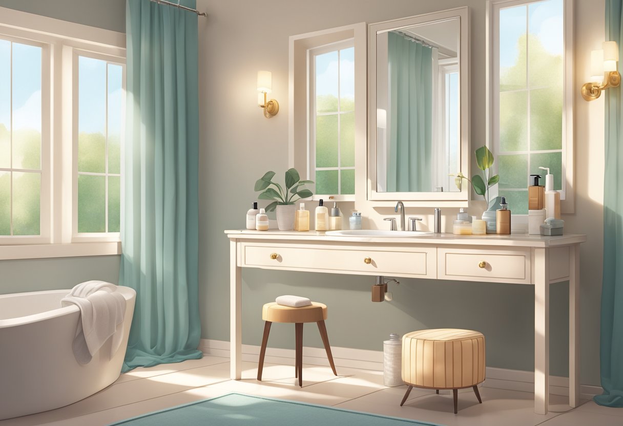 A serene bathroom setting with a vanity table displaying skincare products and a towel draped over a chair. A soft glow from a nearby window illuminates the scene