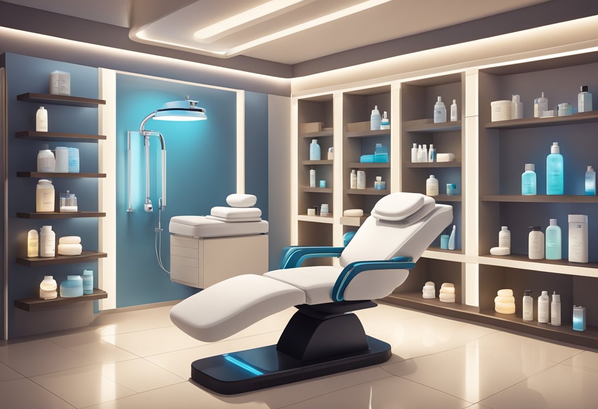 A serene spa room with a comfortable treatment chair, soft lighting, and shelves stocked with various skincare products and equipment for a HydraFacial treatment