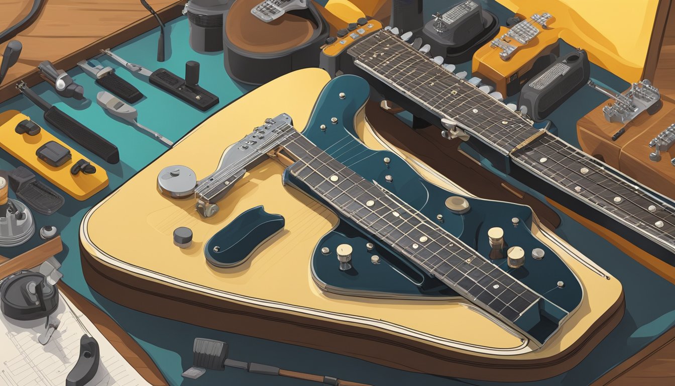 A slide guitar resting on a stand, surrounded by various guitar accessories and maintenance tools