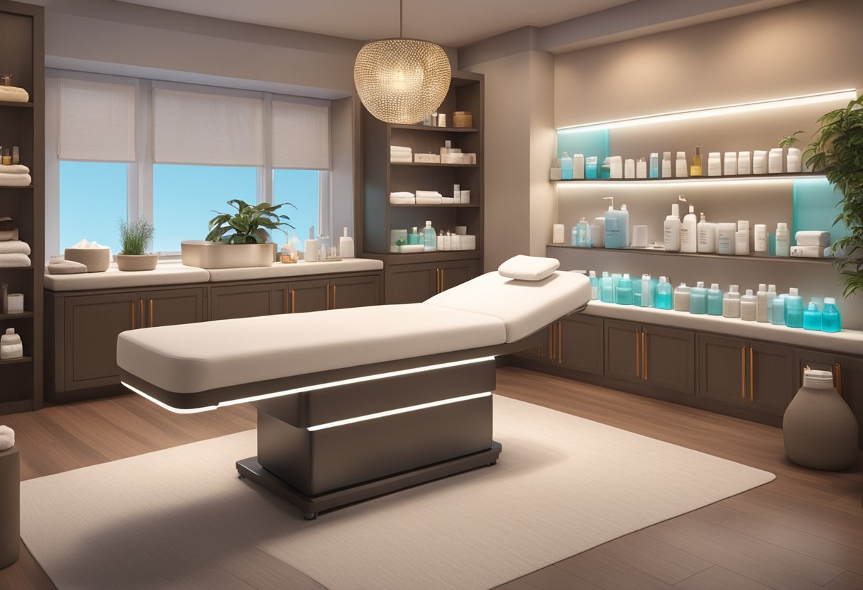 A serene spa room with a comfortable treatment bed, soft lighting, and a HydraFacial machine surrounded by shelves of skincare products