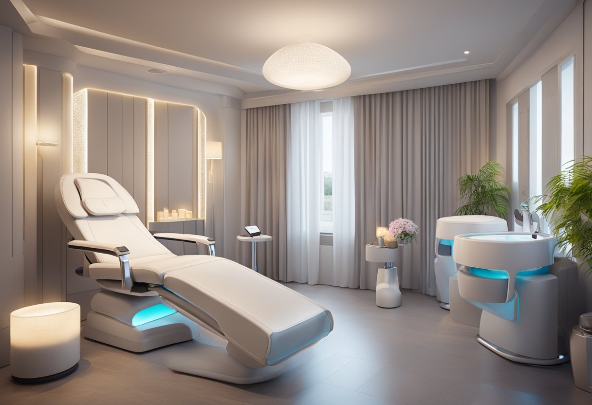 A serene spa room with a comfortable treatment chair, soft lighting, and a HydraFacial machine with collagen boosters