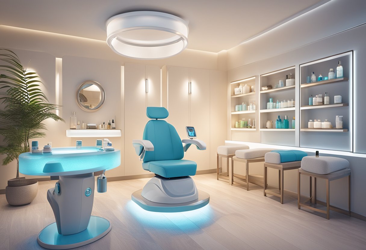 A serene spa room with a comfortable treatment chair, soft lighting, and a table displaying skincare products and equipment for a HydraFacial with collagen boosters