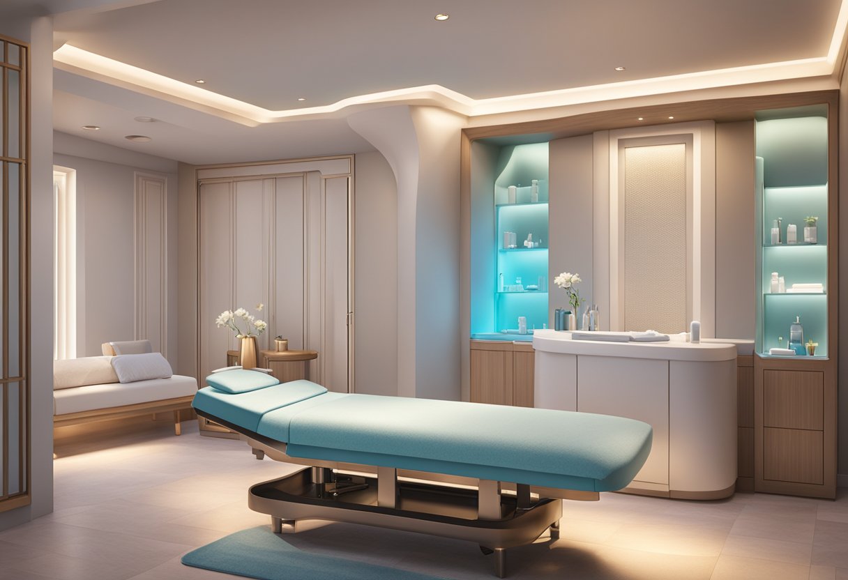 A serene spa room with soft ambient lighting, a comfortable treatment bed, and a professional HydraFacial machine with collagen boosters