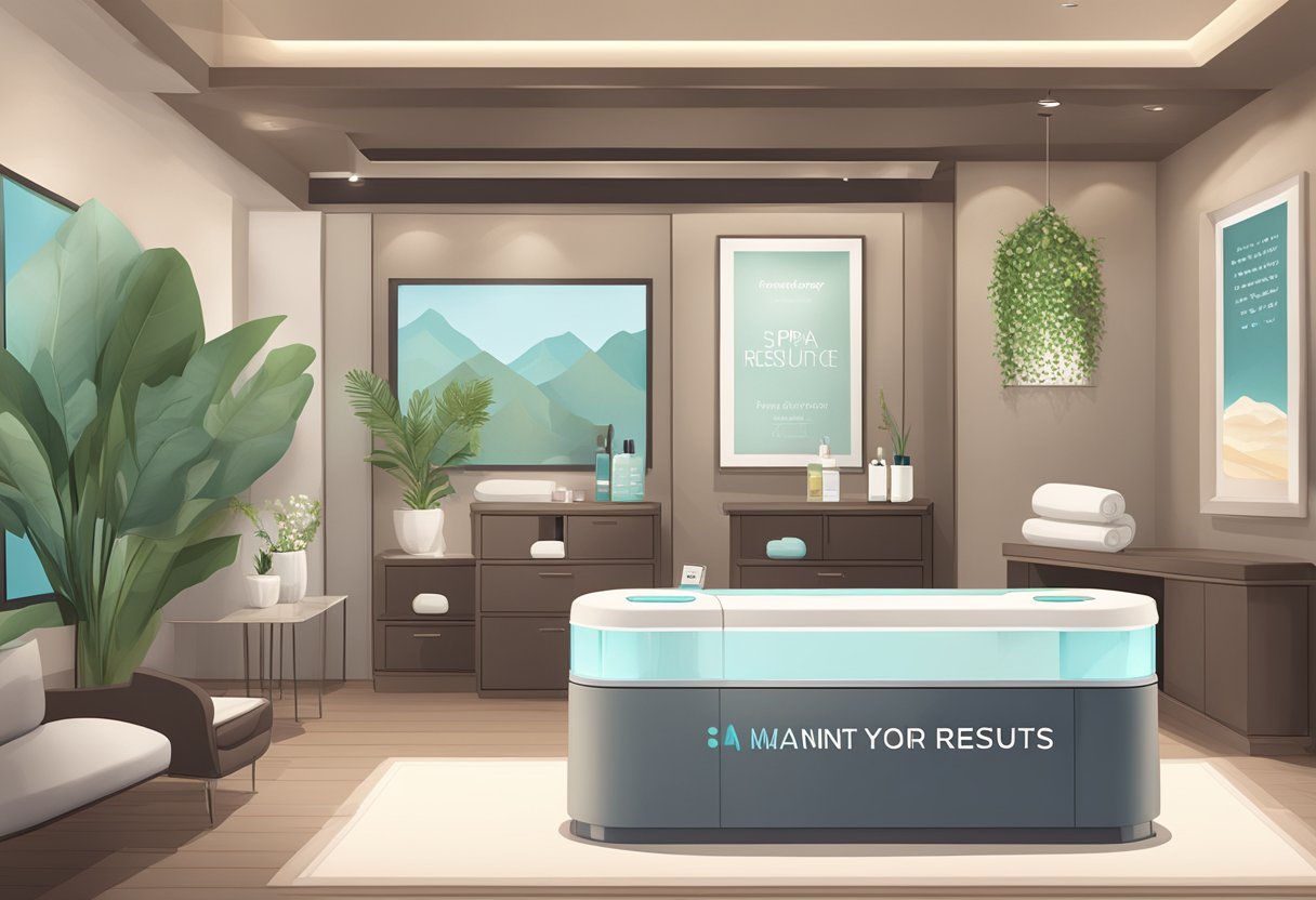 A serene spa room with a HydraFacial machine, soft lighting, and relaxing decor. A shelf displays skincare products and a sign promotes "Maintain Your Results."