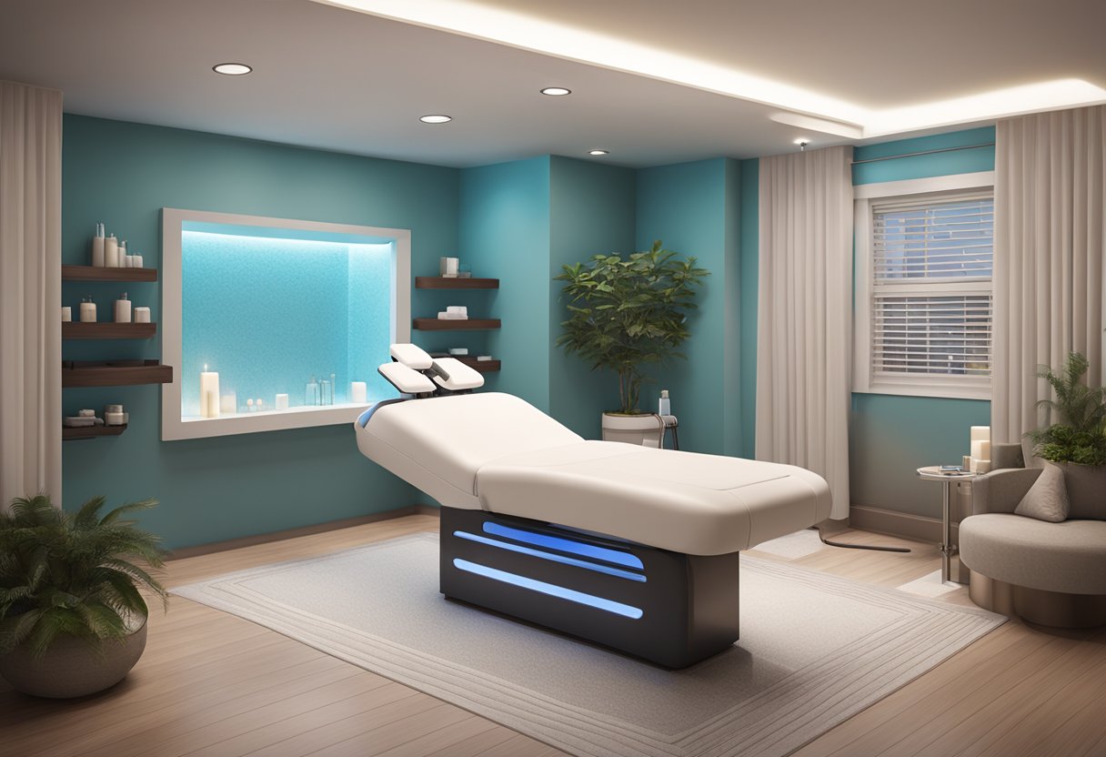 A serene spa room with a comfortable treatment bed, soft lighting, and a HydraFacial machine ready for use