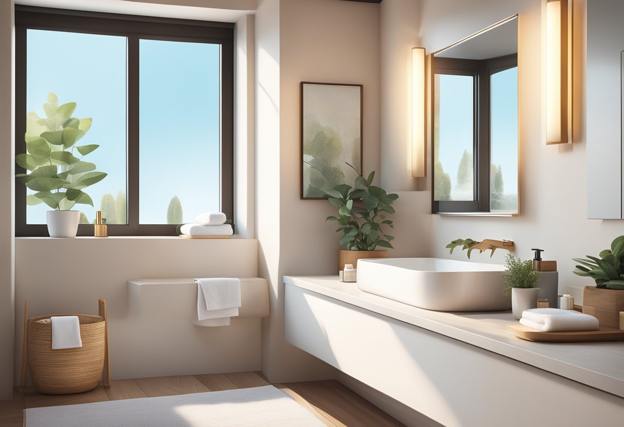 A serene bathroom setting with a clean countertop displaying skincare products, a mirror, and a towel. A soft glow from the window highlights the peaceful ambiance