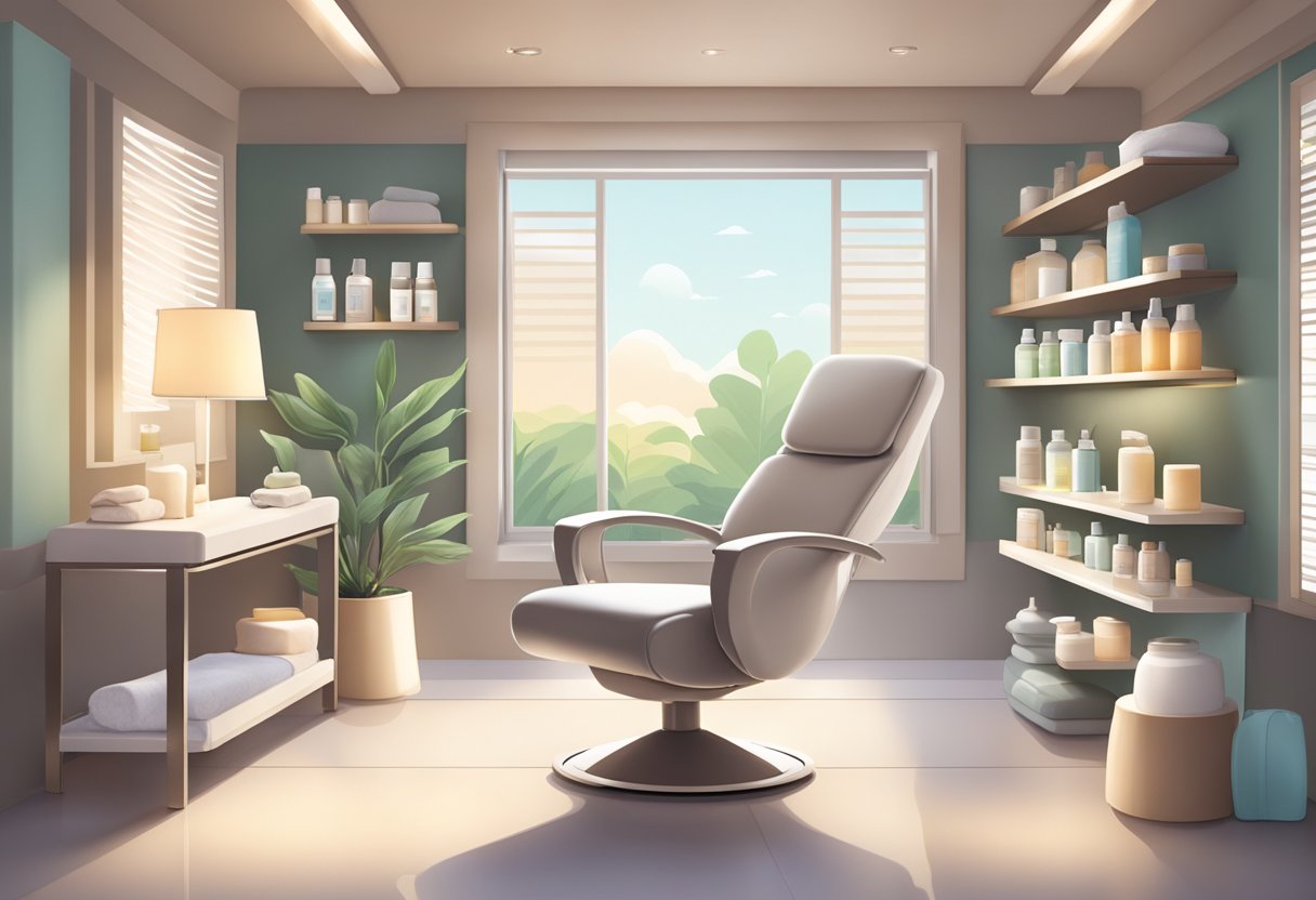 A serene spa room with a reclining treatment chair, soft lighting, and shelves stocked with skincare products