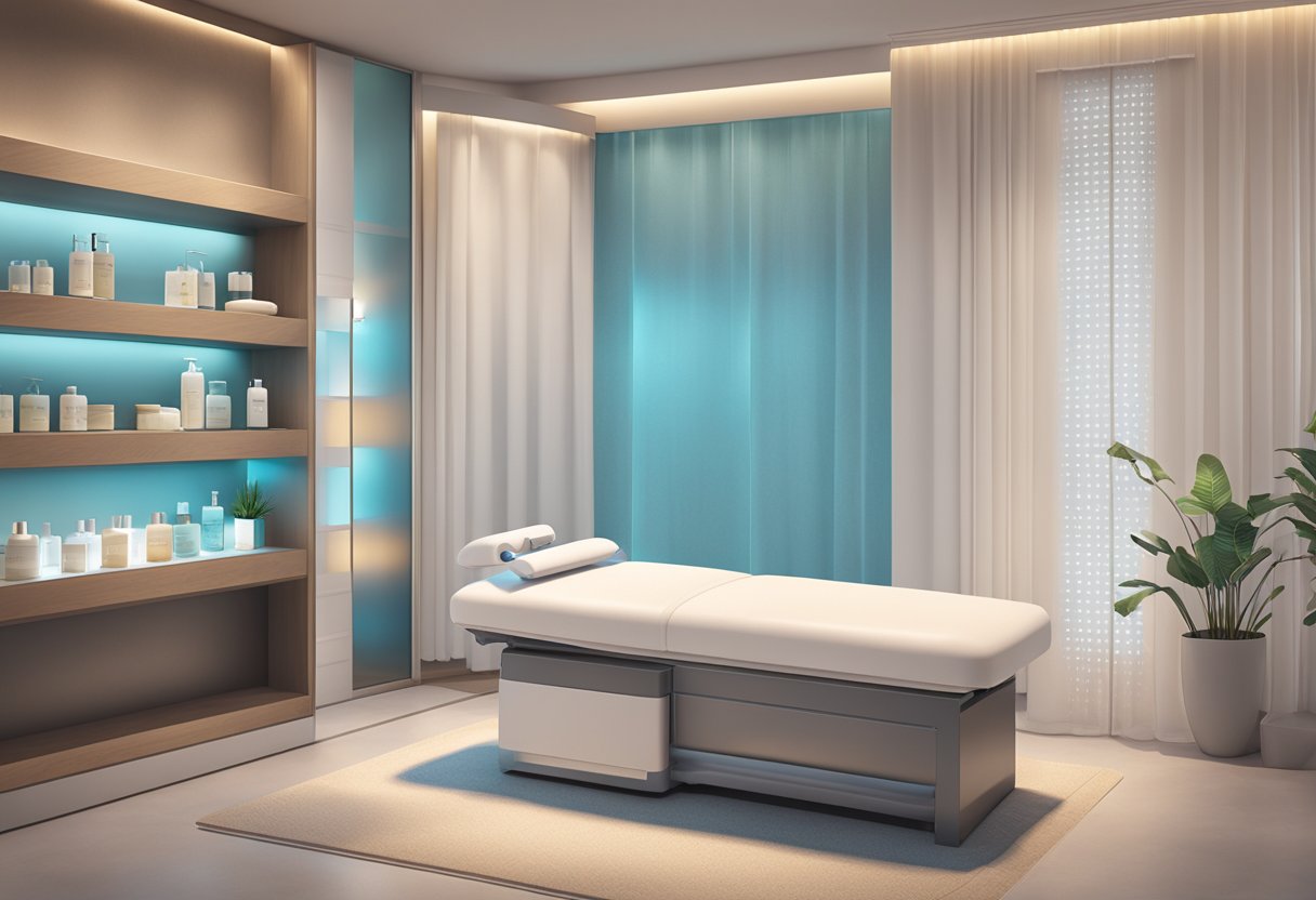 A serene spa room with a HydraFacial machine, soft lighting, and calming decor. A shelf displays skincare products and a glass of water