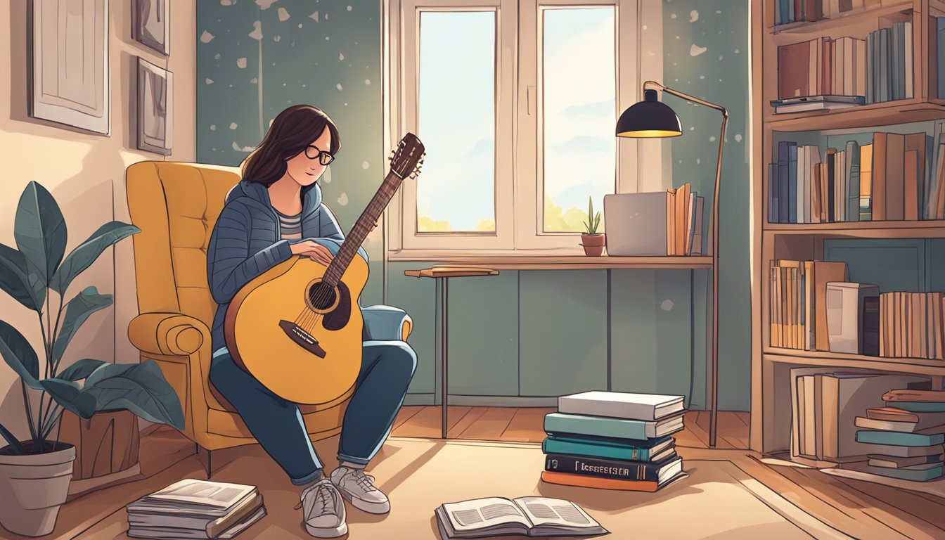 A person sitting alone in a cozy room, surrounded by guitar tutorial books, online lessons, and a notebook for practice