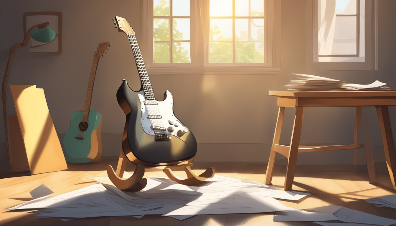 A guitar resting on a wooden chair, surrounded by scattered sheets of paper and a pencil, with sunlight streaming through the window