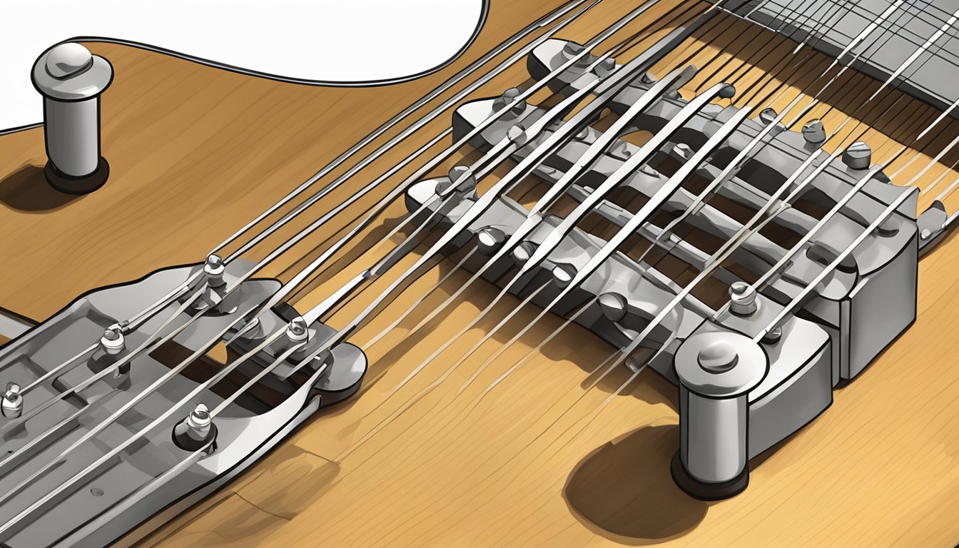 A guitar being tuned with the tuning pegs adjusted to lower the pitch of the low E string to match the D string