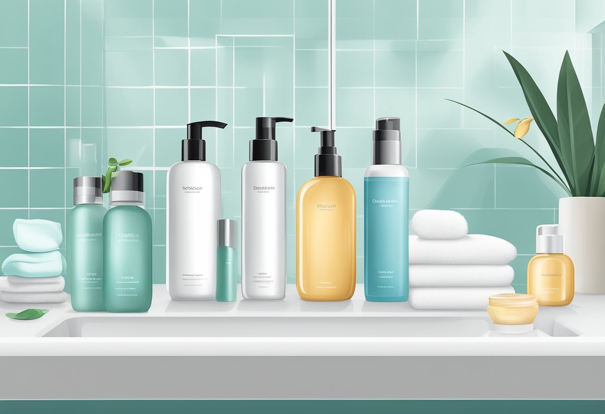 A serene bathroom counter with skincare products neatly arranged, including cleanser, toner, serum, and moisturizer, ready for post-HydraFacial routine