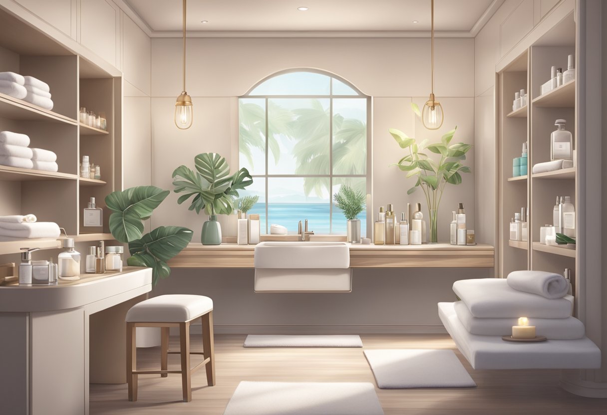 A serene spa setting with a clean, organized vanity showcasing various skincare products and tools. A soothing atmosphere with soft lighting and calming decor