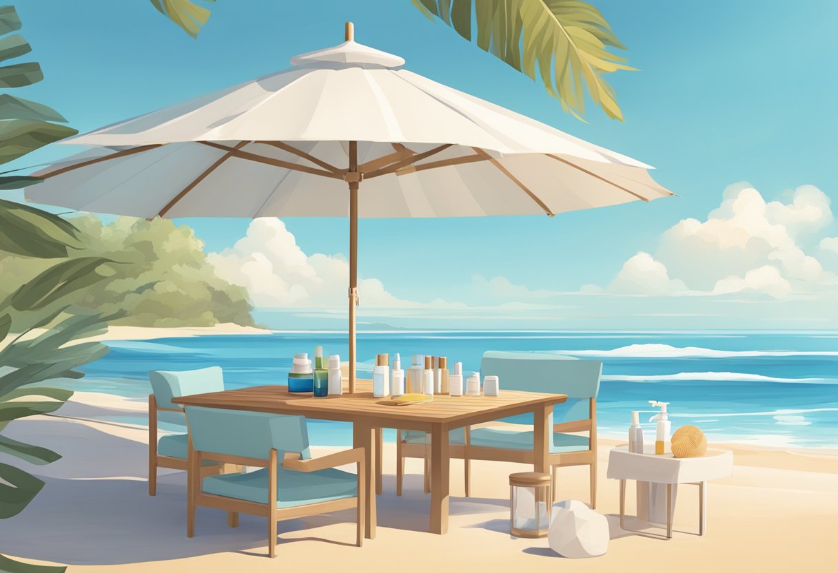 A serene beach setting with a clear blue sky, a large umbrella casting shade, and a table displaying various skincare products and sunscreen