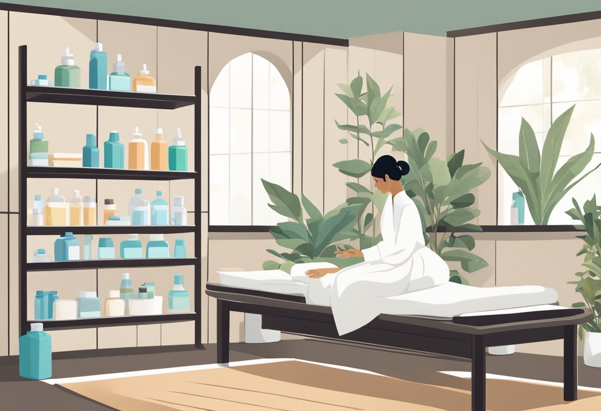 A serene spa setting with shelves of skincare products and a HydraFacial machine in the background. A person is engaged in non-aggressive activities like reading or meditating