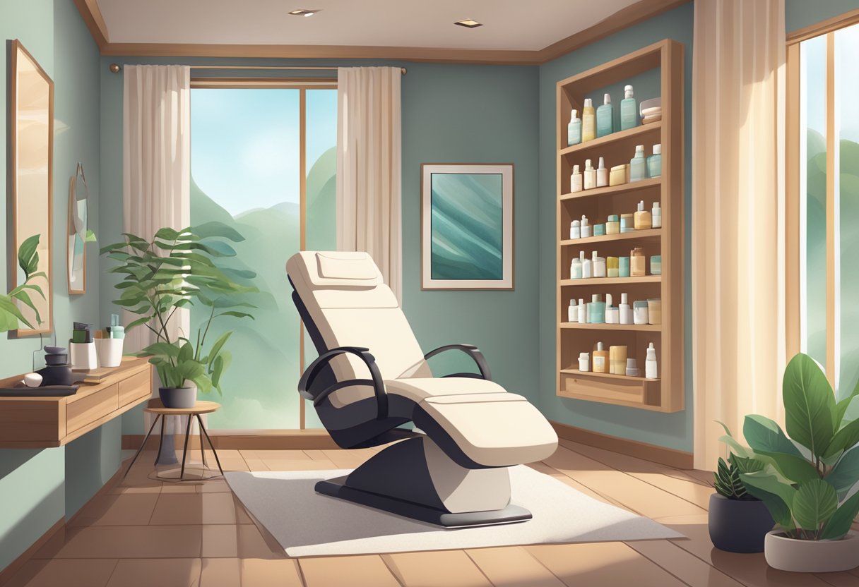 A serene spa setting with a reclining chair, soft lighting, and shelves stocked with skincare products