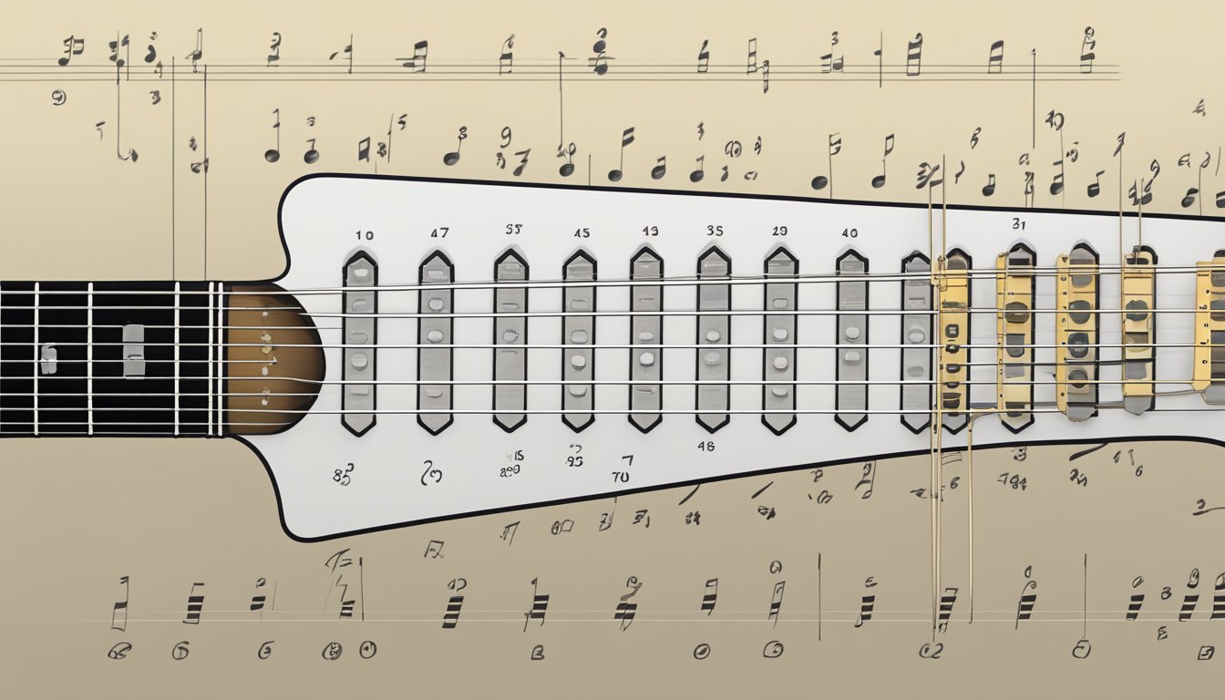 A guitar neck with numbered frets and corresponding strings, showing a tab notation for a specific song