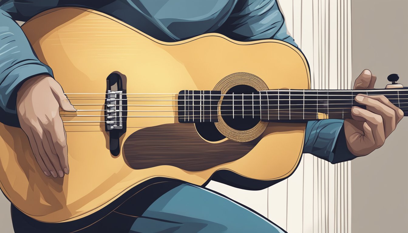 A guitar resting on a stand, with fingers plucking the strings in a rhythmic pattern