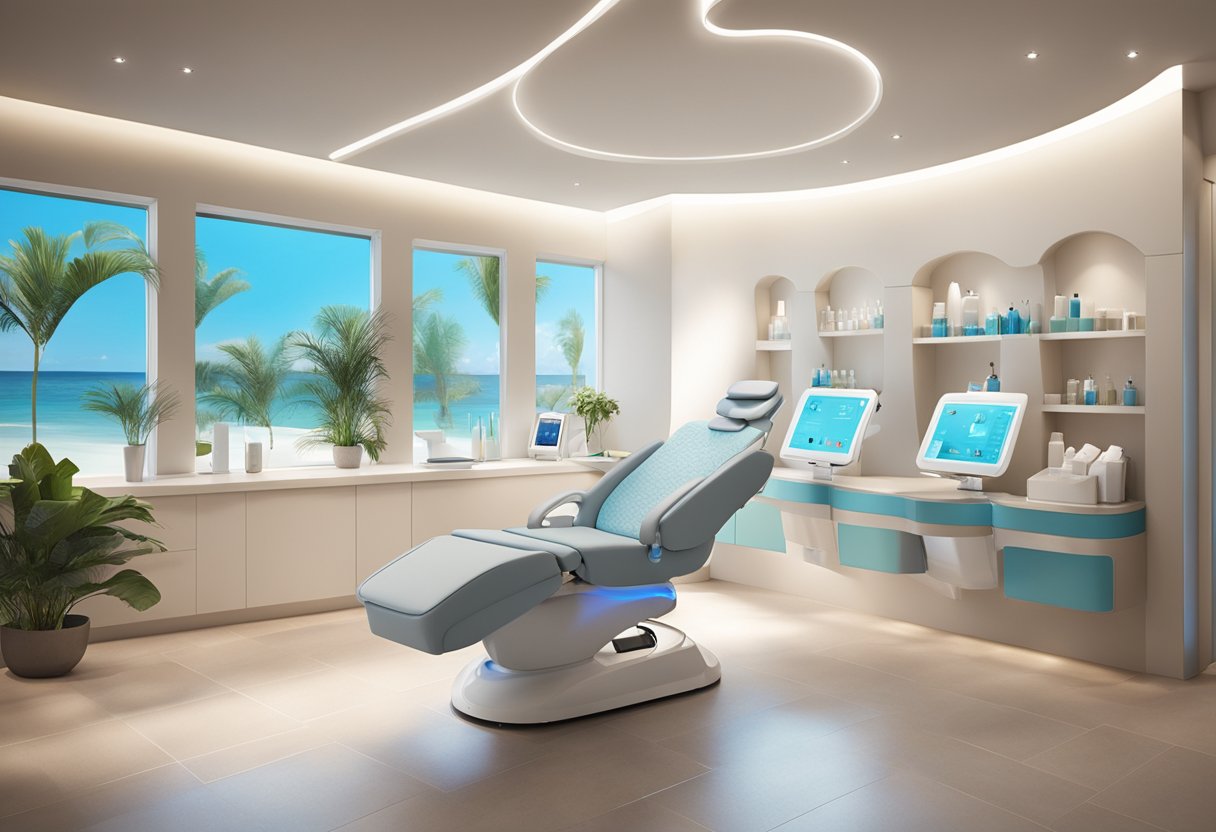 A serene spa room with a reclining treatment chair, soft lighting, and a display of HydraFacial equipment and products