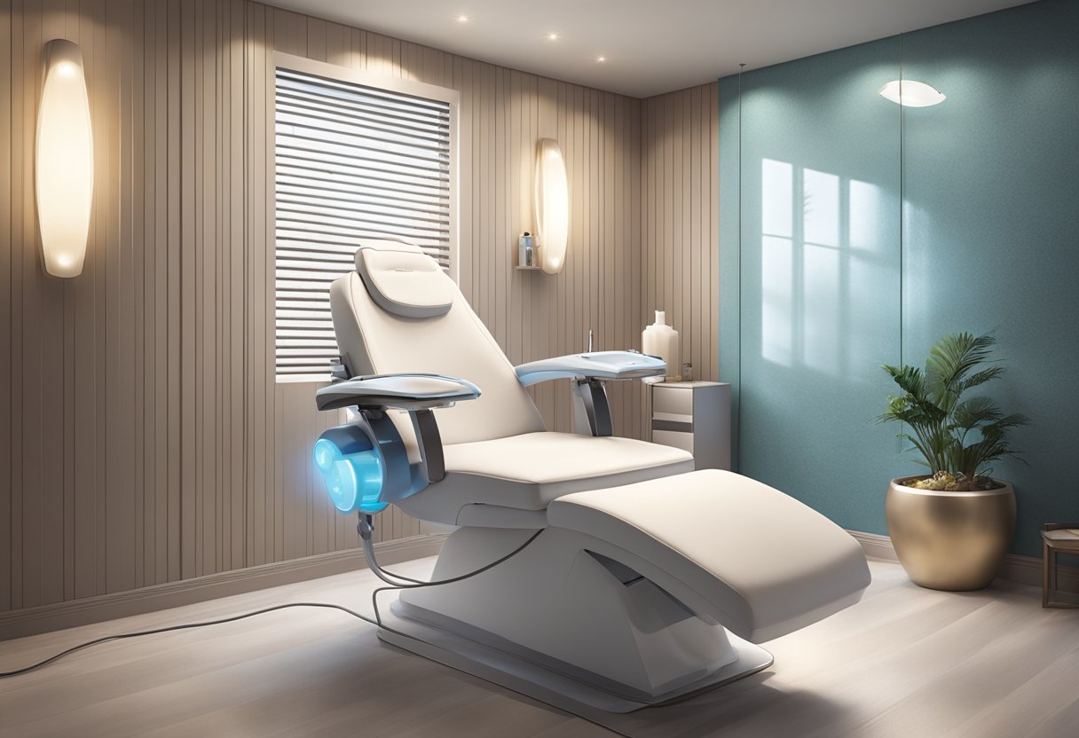 A serene spa room with a comfortable treatment chair, soft lighting, and a HydraFacial machine ready for use