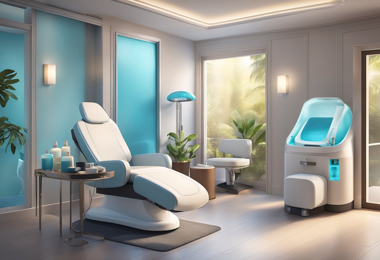 A serene spa room with a comfortable treatment chair, soft lighting, and a HydraFacial machine ready for use